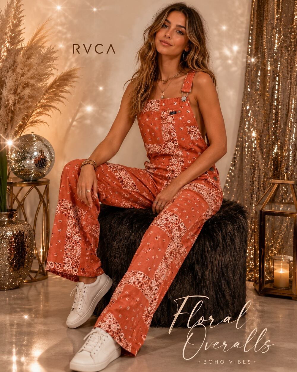 RVCA Rust Orange Floral Patchwork Overalls